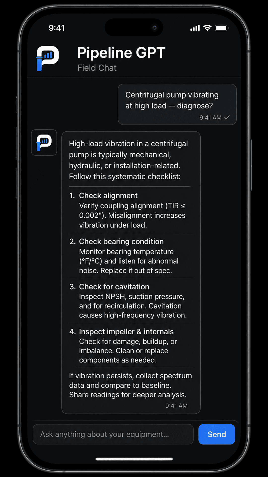 Mobile Field Chat diagnosing centrifugal pump vibration
