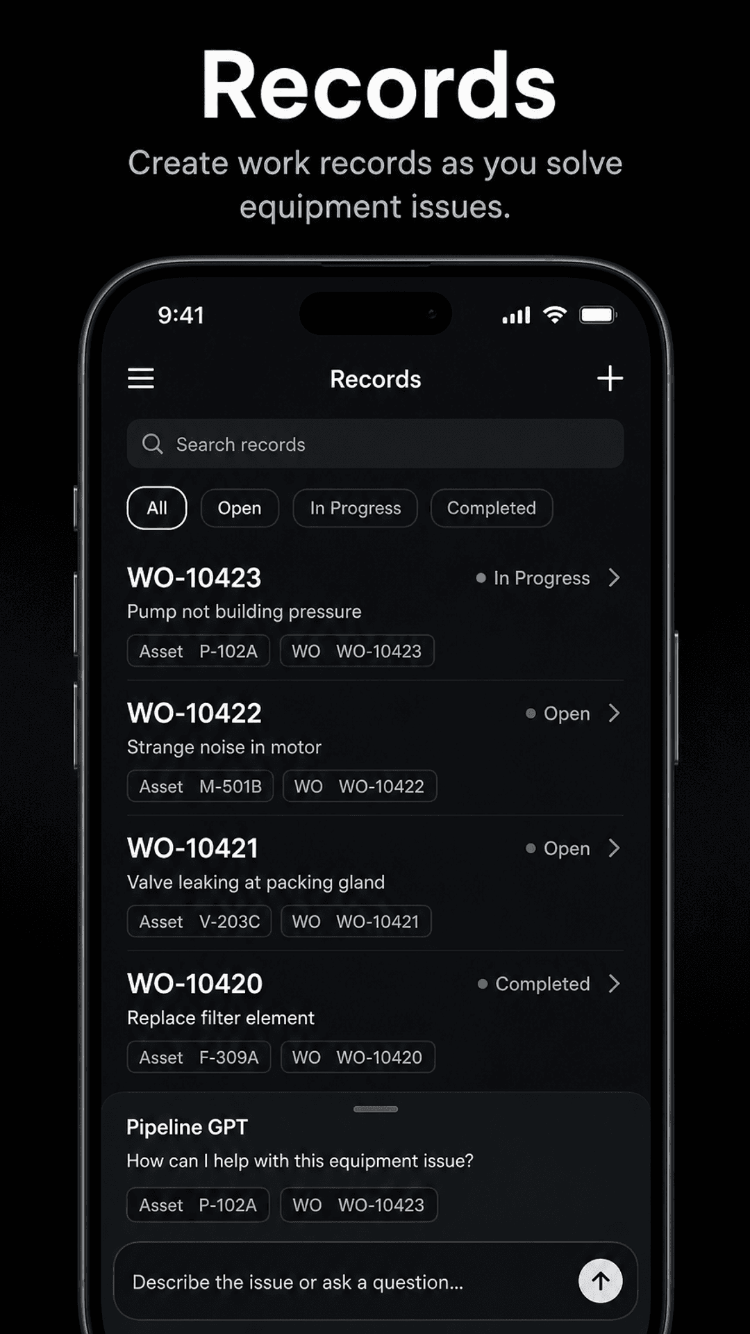 PipelineGPT Android Records — work orders tied to equipment assets