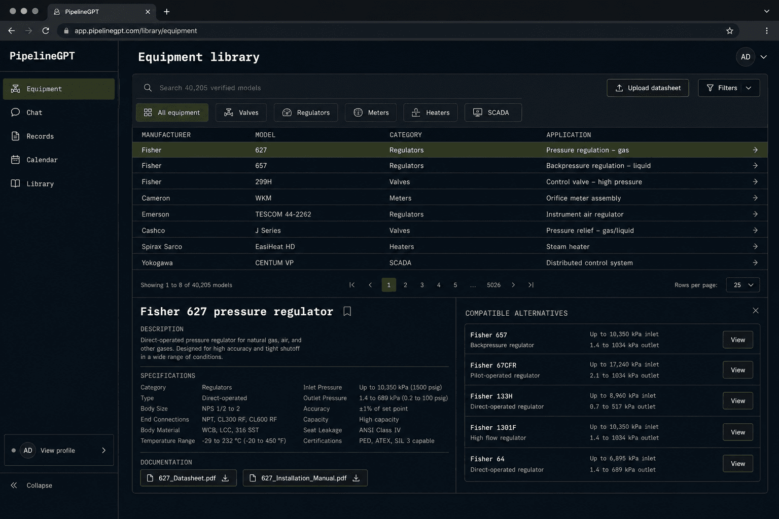 PipelineGPT web equipment library — search verified pipeline equipment models